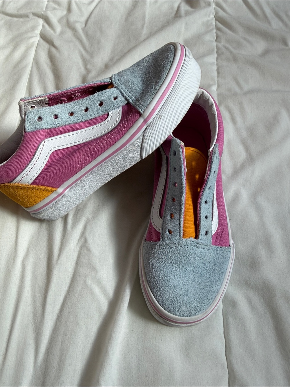 Vans Kids Pink, Gray & Yellow Slip-On Skate Shoes